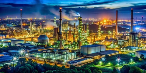 Fototapeta premium Night Cityscape Industrial Plant, Dramatic Urban Landscape, Illuminated Factory at Night, Powerful City Industry, Dark City