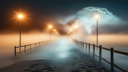 Fototapeta premium foggy road at night, misty highway, streetlights glowing, dramatic clouds, moonlit sky, atmospheric landscape, eerie mood, cinematic lighting, empty street, long exposure, surreal scene, dream-like qu