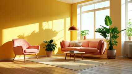 Sunny living room, warm yellow walls, large windows, sunlight streaming in, mid-century modern furniture, pink armchairs, wooden coffee table, potted plants, indoor greenery, cozy interior design, ret