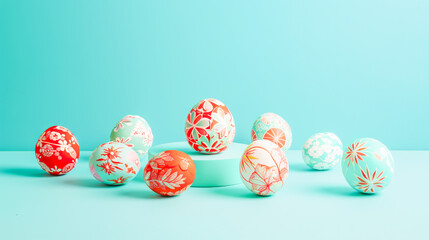 Decorative pastel Easter eggs with intricate floral patterns arranged on minimalist turquoise background. Concept of spring celebration, creativity, and festive elegance in modern design