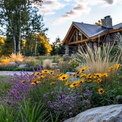 Beautiful garden blooms in a serene rural setting at sunset