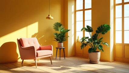 Sunny living room, warm yellow walls, large windows, sunlight streaming in, mid-century modern furniture, pink armchairs, wooden coffee table, potted plants, indoor greenery, cozy interior design, ret