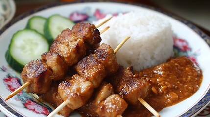 Indonesian Chicken Satay with Rice and Peanut Sauce