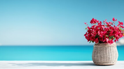 A charming arrangement of bougainvillea flowers in a pot set against a stunning ocean view, symbolizing tranquility and the beauty of coastal life during bright sunny days.