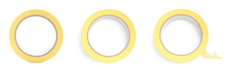 Adhesive tape, set. Rolls isolated on white, top view