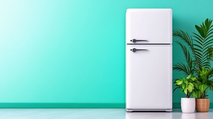 White Retro Refrigerator in a Minimalist Kitchen Setting Against a Mint Green Wall