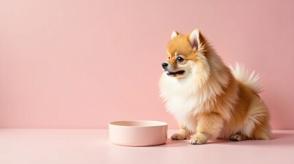 A fluffy Pomeranian dog sits patiently beside its pale pink food bowl against a soft pink background.