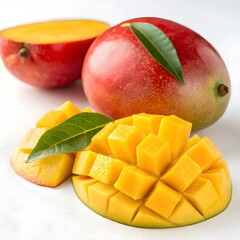 Ripe mango fruit, close-up, studio shot. Bright, vibrant red and yellow mango. Whole mango, and one section of diced mango, with a single green leaf on top of the whole mango. Focus on the ripe, 
