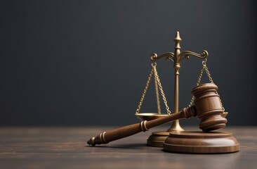 Wooden gavel and scales of justice on dark background symbolizing law and legal system