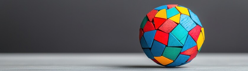 A colorful, geometric puzzle ball rests on a flat surface, showcasing vibrant pieces in blue, red, yellow, and green against a dark background.