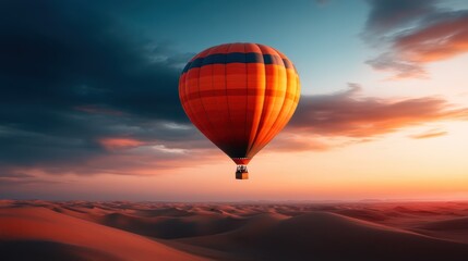 Fototapeta premium A colorful hot air balloon floats above wind-swept desert dunes under a dramatic sky filled with clouds, showcasing the beauty of nature and the thrill of adventure.