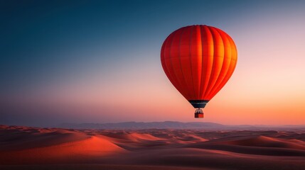 Fototapeta premium A vibrant red hot air balloon hovers gracefully over an expansive desert landscape at sunset, creating a stunning contrast against the pastel sky and sand dunes.