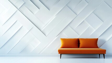 A modern, orange sofa placed against a creatively patterned white wall, highlighting contemporary home decor and an inviting space perfect for relaxation and aesthetic inspiration.