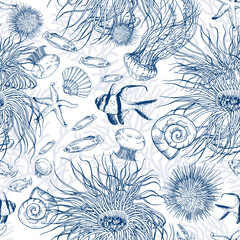 Seamless pattern with underwater scenery, corals and jellyfish. Hand drawn vector illustration on white background.