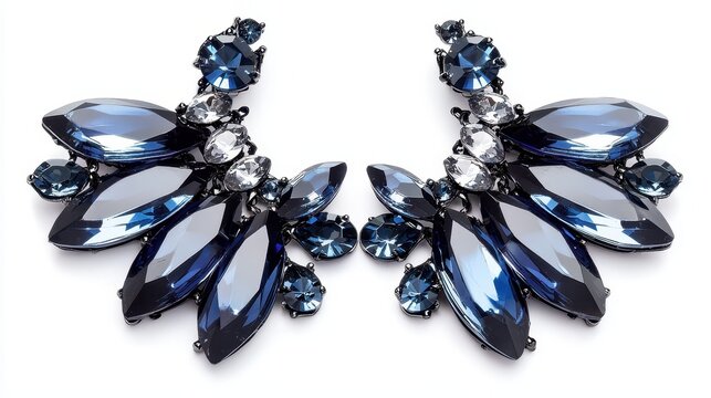 A set of bold statement earrings with large crystals on a white isolated background