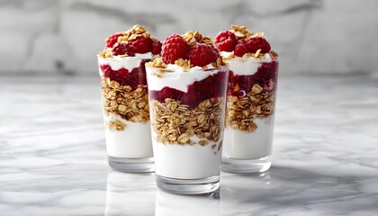 Refreshing and Delicious Raspberry Yogurt Parfaits with Crunchy Granola and Creamy Yogurt, Perfect for Healthy Snacking or Breakfast Options on a Marble Background