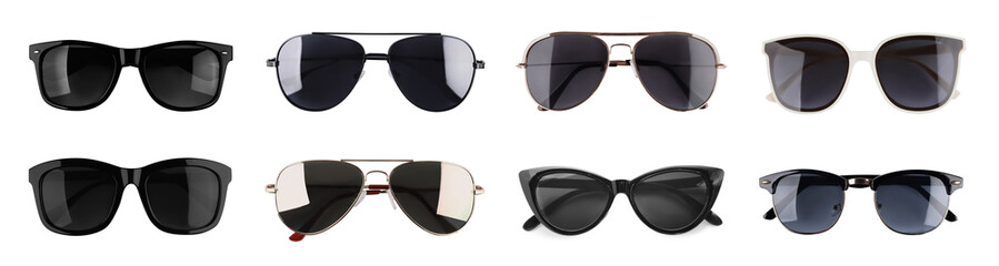 Different stylish sunglasses isolated on white. Fashionable accessory