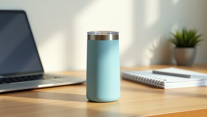 powder blue color stainless steel tumbler sits prominently on a wooden office desk, its sleek, modern design with a flawless, print-free surface catching the light