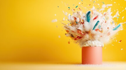 An artistic display of colorful, bursting feathers emerging from a cylindrical container captures the essence of joy and creativity in a playful and vibrant manner.