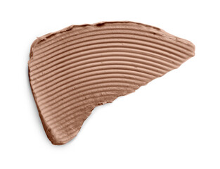 Sample of cosmetic product in mocha mousse shade on white background, top view. Trendy color of...