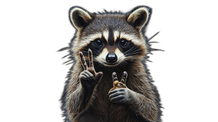 Obraz premium Playful raccoon poses with a friendly gesture while holding a small cookie in its paw, showcasing its cute and curious nature against a black background