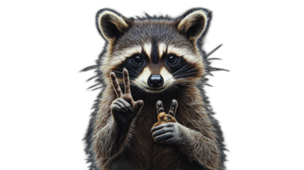 Playful raccoon poses with a friendly gesture while holding a small cookie in its paw, showcasing its cute and curious nature against a black background