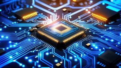 Circuit board, microchip, glowing blue technology, electronic components, futuristic processor, computer hardware, digital circuitry, neon lights, high-tech, close-up, intricate details, cyberpunk aes