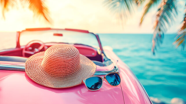 Straw hat and sunglasses resting on pink convertible by the turquoise sea under palm trees at sunset. Concept of carefree summer travel, resort, vacations, and stylish getaways. Copy space - Powered by Adobe