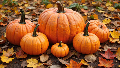 Naklejka premium Rustic Autumn Harvest Scene with Pumpkins Nestled in Seasonal Foliage with copy space
