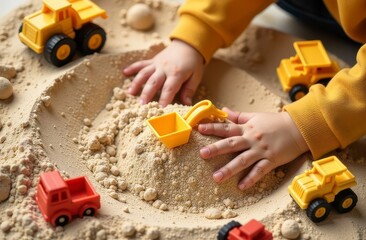 Children playing with toy trucks in indoor sandbox