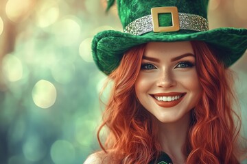 Fototapeta premium A cheerful woman with red hair wearing a green hat and smiling against a blurred background.