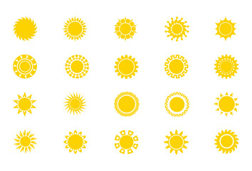 Set of Yellow Sunburst and Sun Icons (2 of 3) in Various Artistic Styles on White Background