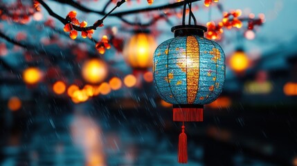 Fototapeta premium Colorful Lights of Mid Autumn Festival and Lunar New Year Celebrations in Chinese Town Defocused Background