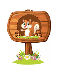 wooden sign with squirrel in garden on white background
