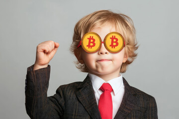 Young boy dressed in a suit shows confidence while wearing Bitcoin-themed glasses indoors
