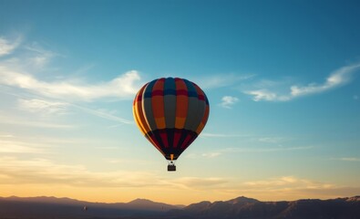 Naklejka premium Large multi-colored hot air balloon flying in the blue sky above a sunrise mountains balloon background balloon background party holiday celebration decoration