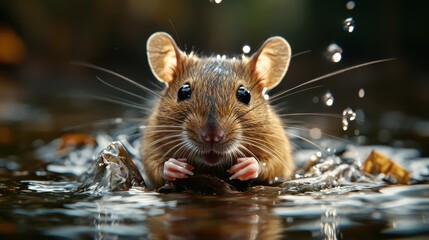 A charming close-up of a small rodent splashing in shallow water, showcasing its playful nature and wild habitat while capturing droplets glistening in the light.