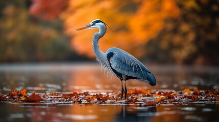 A heron standing motionless in an autumn wetland surrounded by orange and red foliage