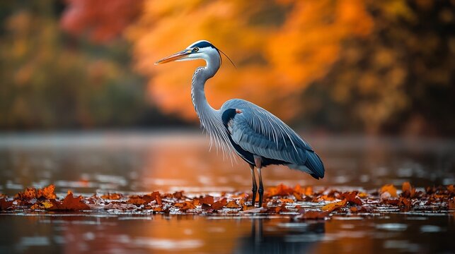 A heron standing motionless in an autumn wetland surrounded by orange and red foliage
