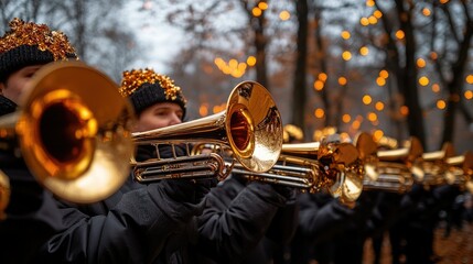 Fototapeta premium Brass Band Musicians Playing Trumpets Outdoors At Night