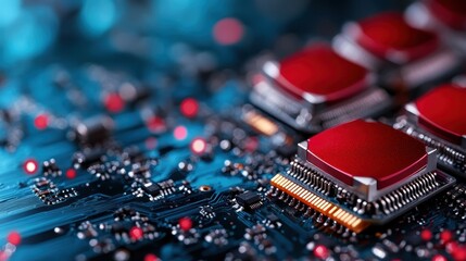 This close-up captures a vivid red microchip on a complex circuit board, showcasing the intricate electronic design and advanced technology within modern devices.