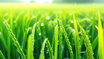 Obraz premium Lush green rice paddy field, vibrant grass blades, early morning dew drops, sunlight filtering through, macro photography, shallow depth of field, bokeh effect, fresh agricultural landscape, organic f