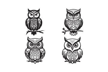 Black and White Owl Silhouette Vector Illustration Set