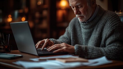 Senior man working on laptop at home. Elderly gentleman uses computer for online work. Sits at wooden table indoors. Close-up of hands on laptop touchpad. Possible remote work personal use. Man looks