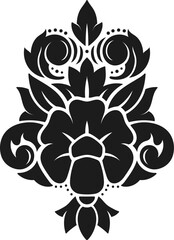 Classic symmetrical black damask floral pattern featuring decorative swirls, leaves, and dots, isolated on a white background, evoking a sense of luxury, elegance, and sophistication