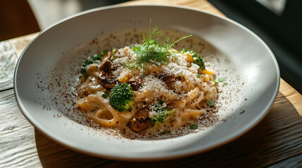 A creamy broccoli and mushroom pasta dish served on a white plate, garnished with freshly grated Parmesan cheese