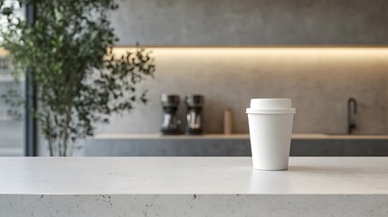 Clean white mock up of coffee cup on minimalist kitchen counter modern environment professional screen display