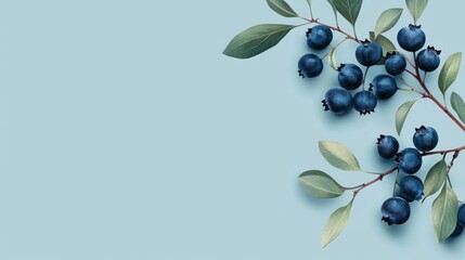 Obraz premium Fresh Blueberries with Green Leaves on Blue Background