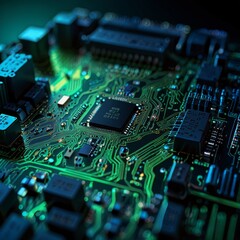 Fototapeta premium Neon-Lit Computer Motherboard with Circuit Tracks and Chips