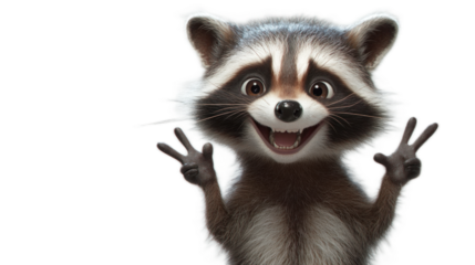 Cute cartoon raccoon character with cheerful expression and playful pose, showing peace sign with paws, perfect for family-friendly projects and children's media.
